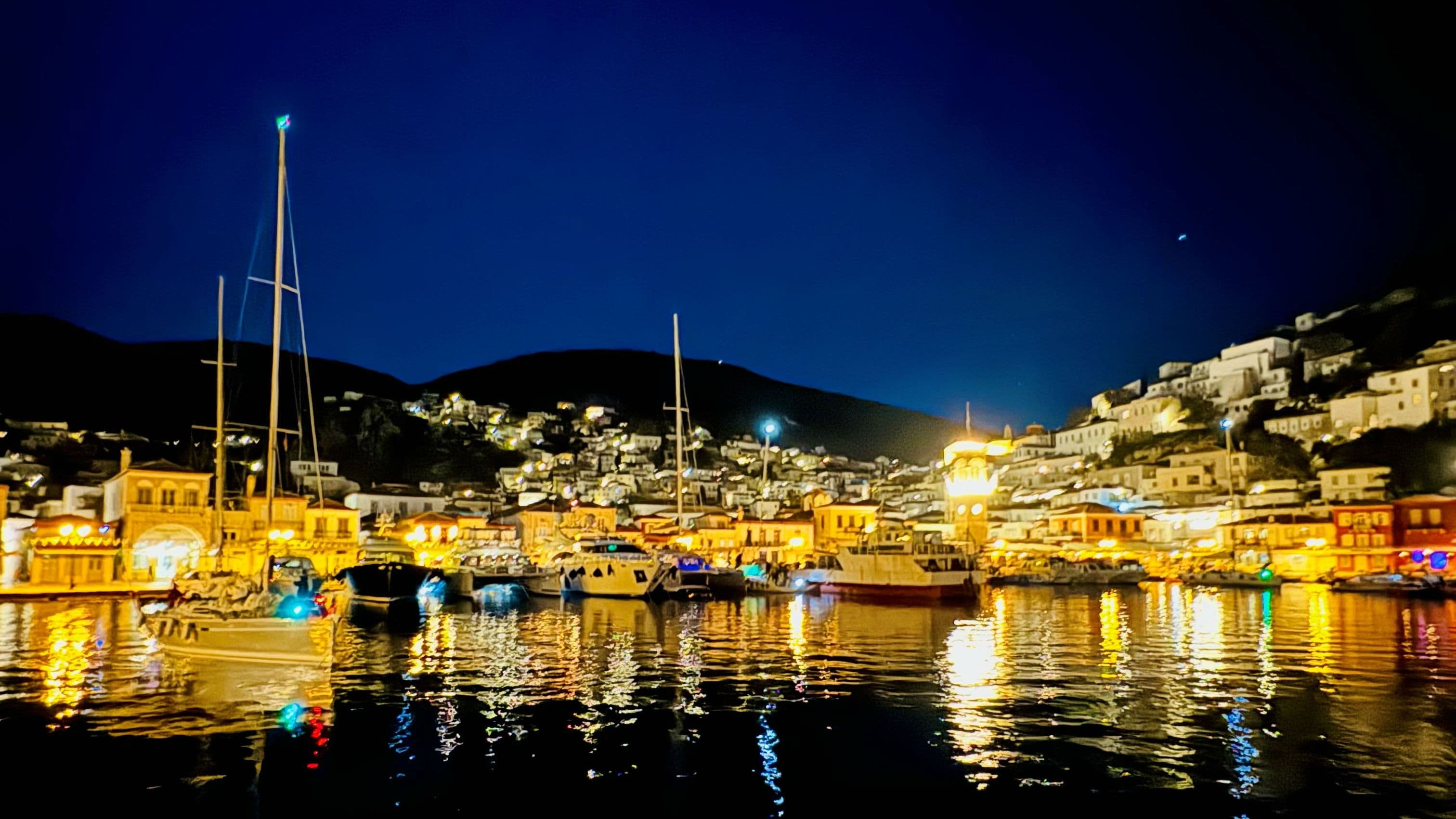 Hydra island at night - finishing Hydra 2024 first race