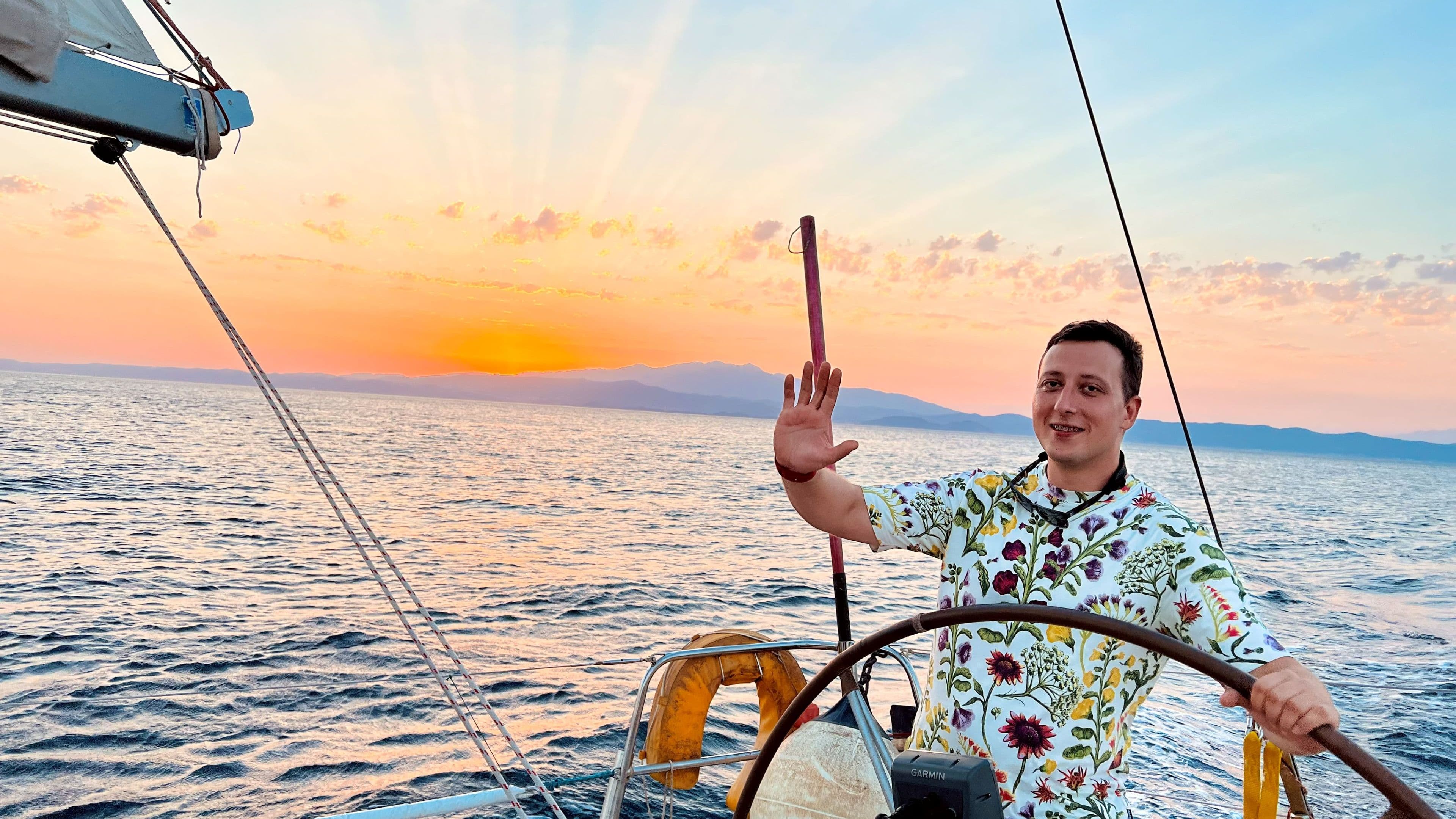Me at the start of the boat delivery from Kavala to Lesvos through Limnos