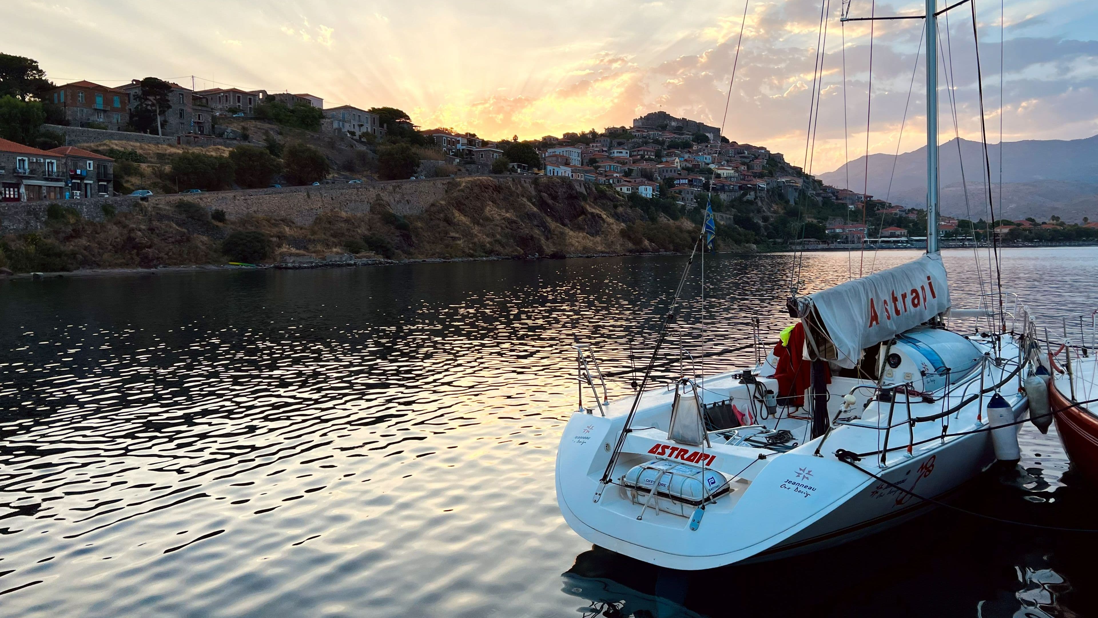 Molyvos harbour in the early morning with the boat Astrapi just before the start of Aegean Regatta 2023 (day off)