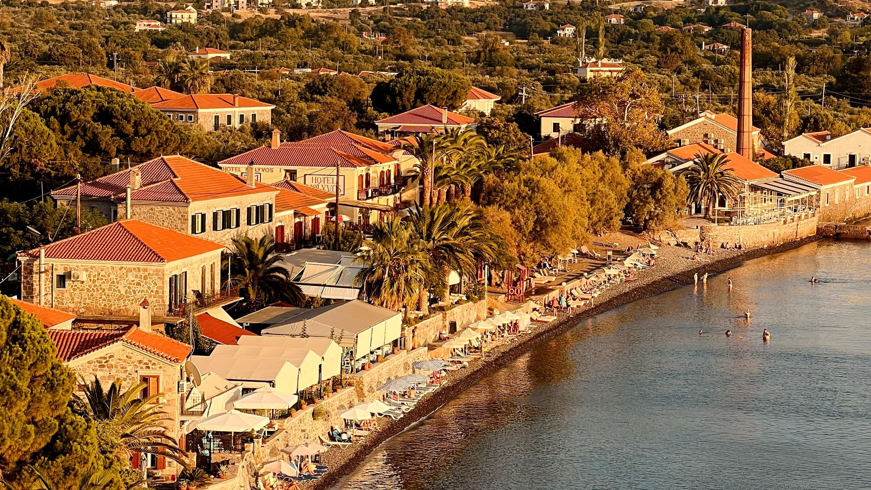 A distant view of Congas beach bar in Molyvos on Lesvos island