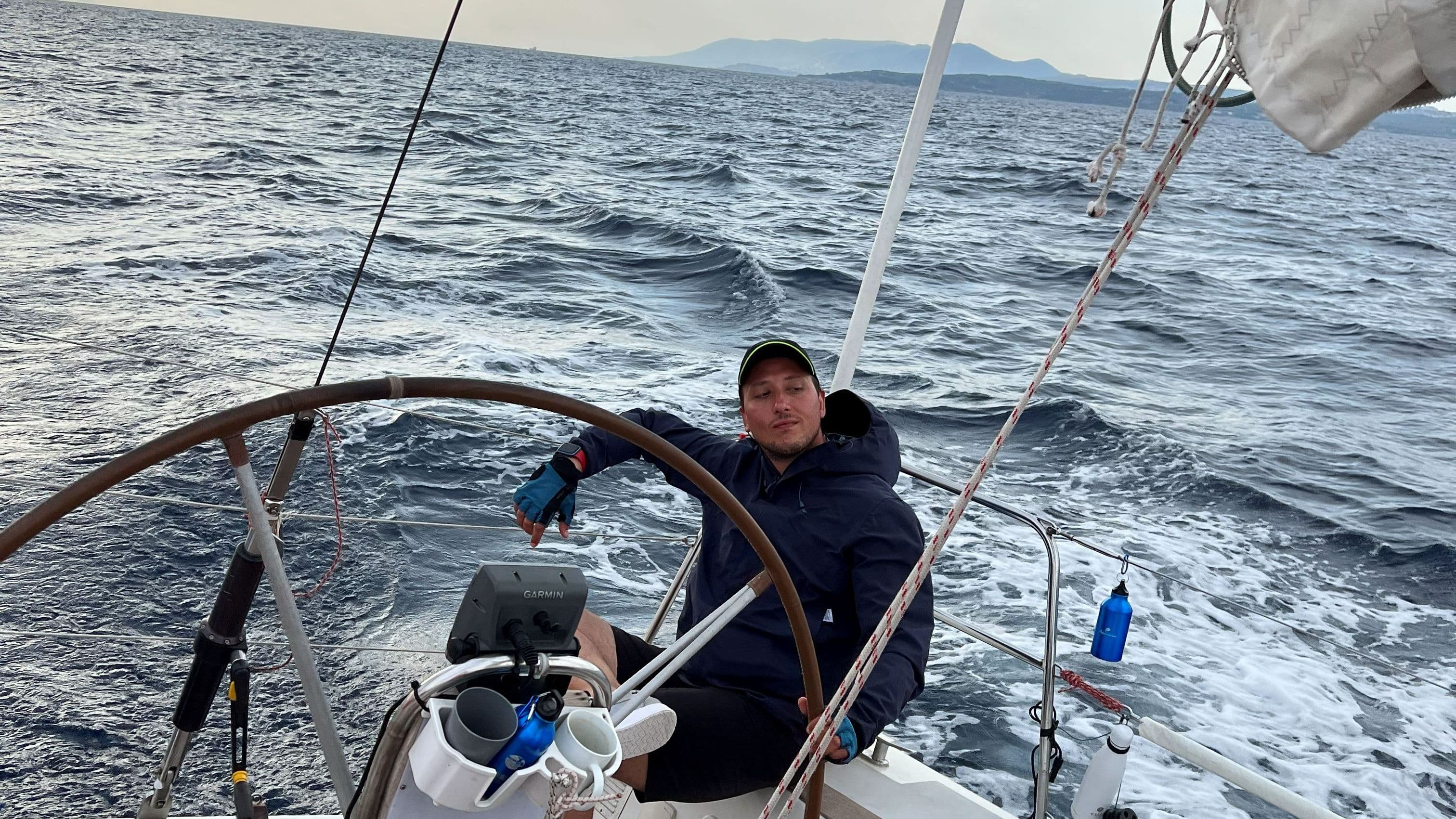 Me confidently steering the boat