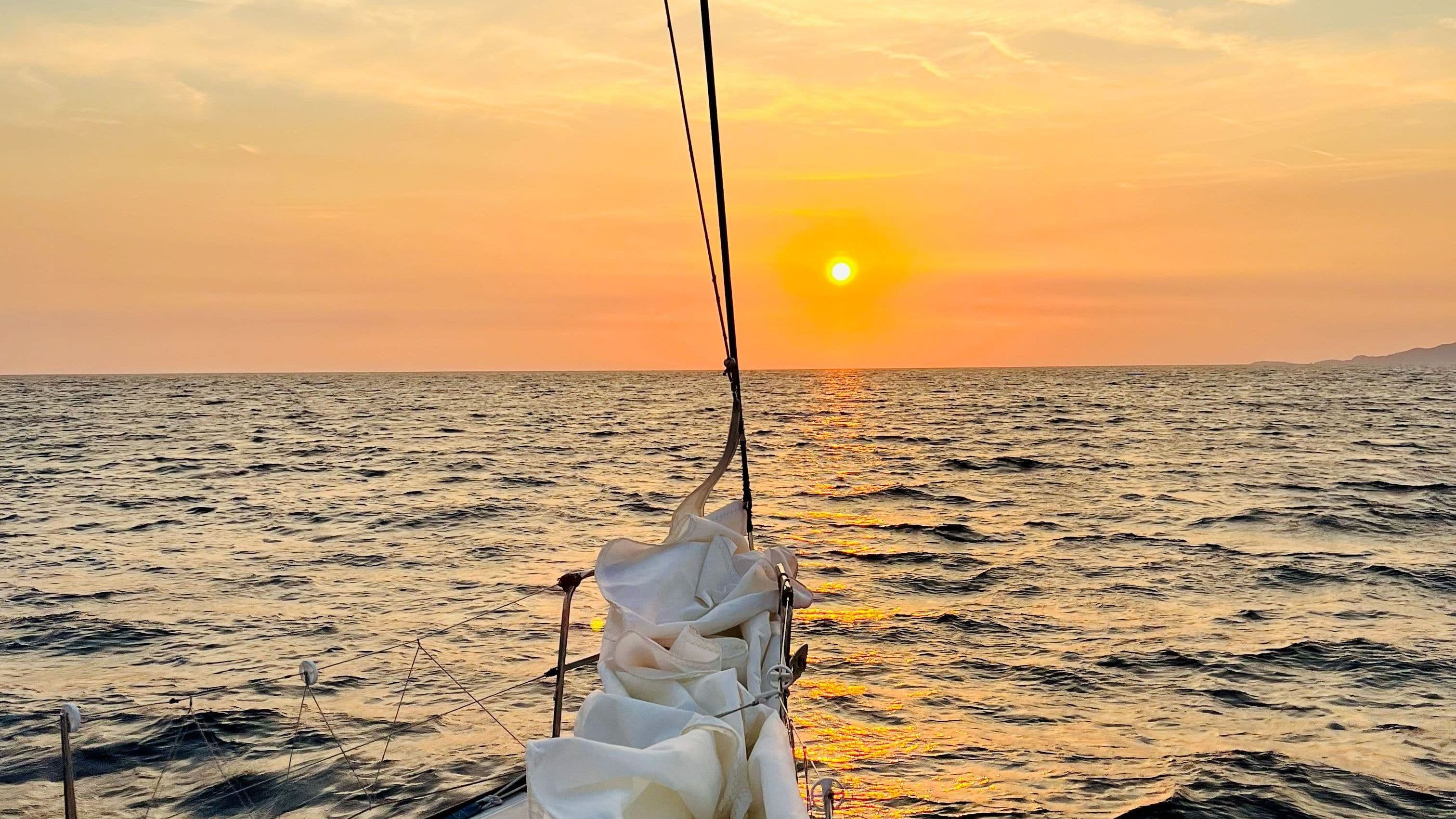 Calm sea and sunset on the way home after the big Aegean Regatta 2023